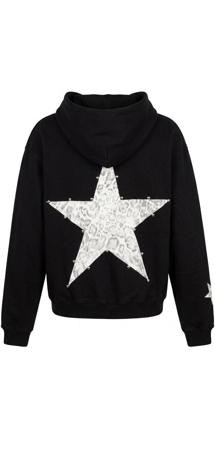 Polerón negro estrella cuero print gris